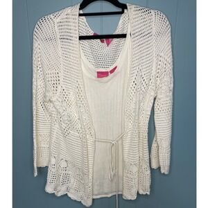 Thalia Sodi Cardigan Sweater and Tank Ivory Crochet Tie Front Size Large Vintage